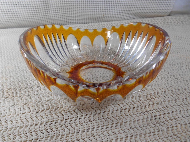 Czech Bohemian Honey Amber Cut to Clear Candy Nut Oval Bowl Dish
