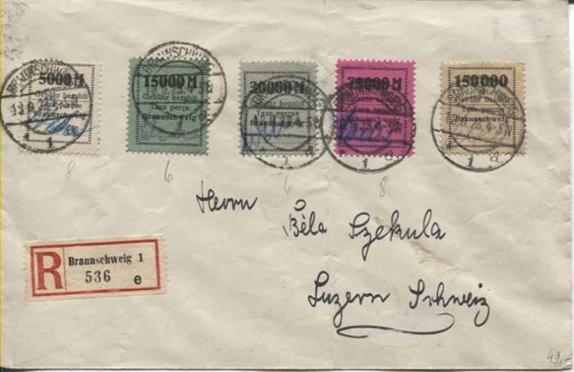 Gebührenmarken II Fa. Borek kompl. auf R-Brief Braunschweig nach Luzern (B05874)