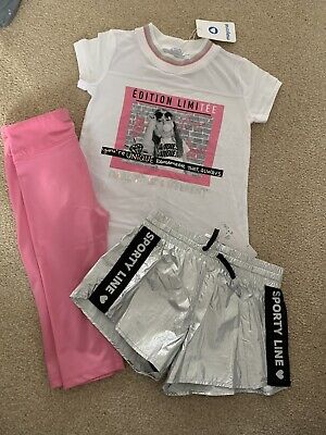 Mayoral 3 Piece Set Tshirt Top Pink Cycling Shorts Silver Sports Shorts Age 7 Yr