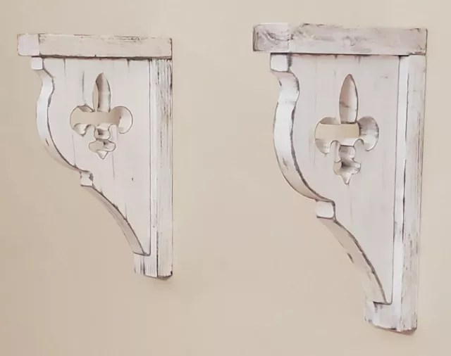 Pair of Distressed White Fleur-de-lis Design Wood Corbels Shelf Brackets VSB19.2