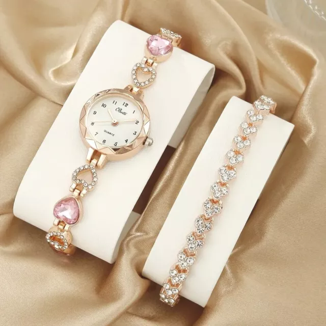 Watch Gift Set for Women 2 Piece Pink Rose Gold Wristwatch And Crystal Bracelet