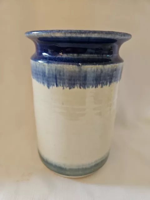 Hand Thrown Pottery Utensil Holder Vase Blue Drip Glaze 8 In Tall 5 In Diameter