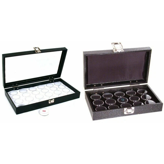 24 White Gem Jars W/Glass Top Case,Black Foam15 Gem Jars Travel Tray Display Kit