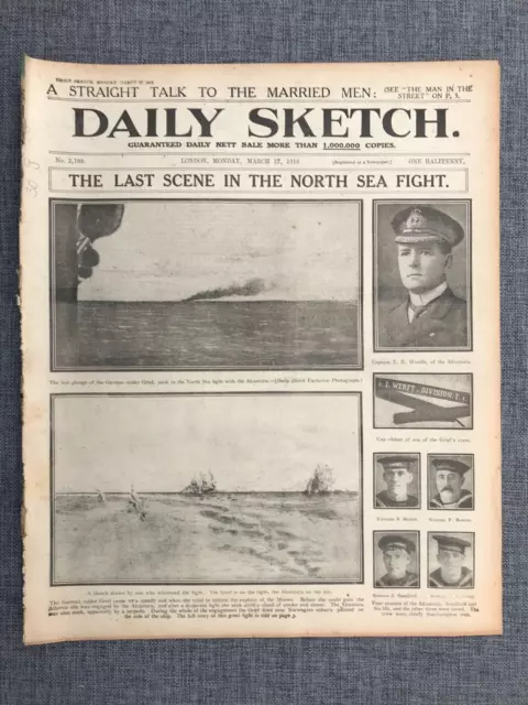 Daily Sketch Ww1 Last Scene North Sea Fight 27 March 1916 Original Newspaper