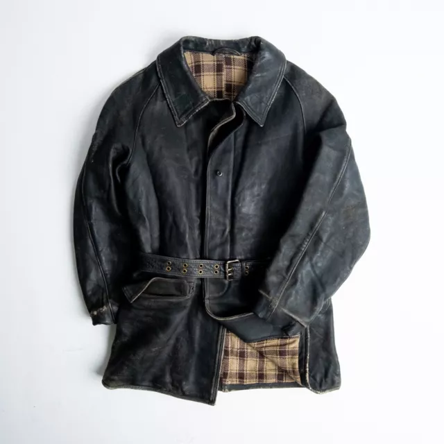 Vintage 50s French Distressed Black Leather Workers Chore Jacket - Size Medium