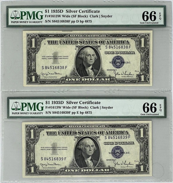 1935-D Fr. 1613W $1.00 Wide Silver Certificates Consec. Pair PMG 66-EPQ GEM Unc.