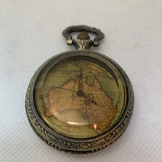 QUARTZ POCKET WATCH Australia Map Face Traveler Victorian Steampunk New