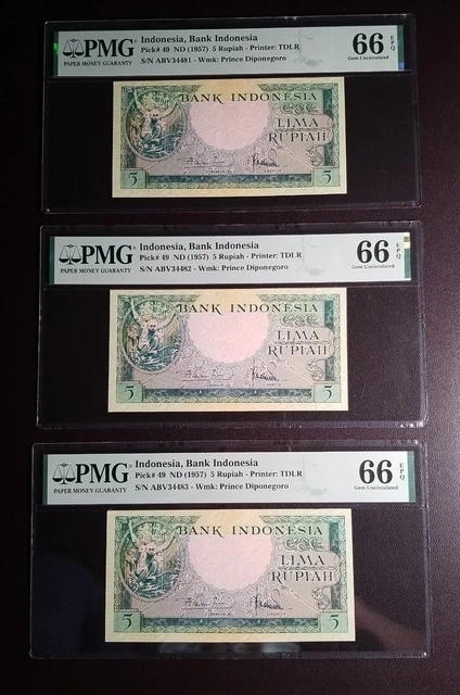 Indonesia 5 Rupiah Nd(1957) P49 Pmg 66 Epq Gem Unc 3 Consecutively Numbers