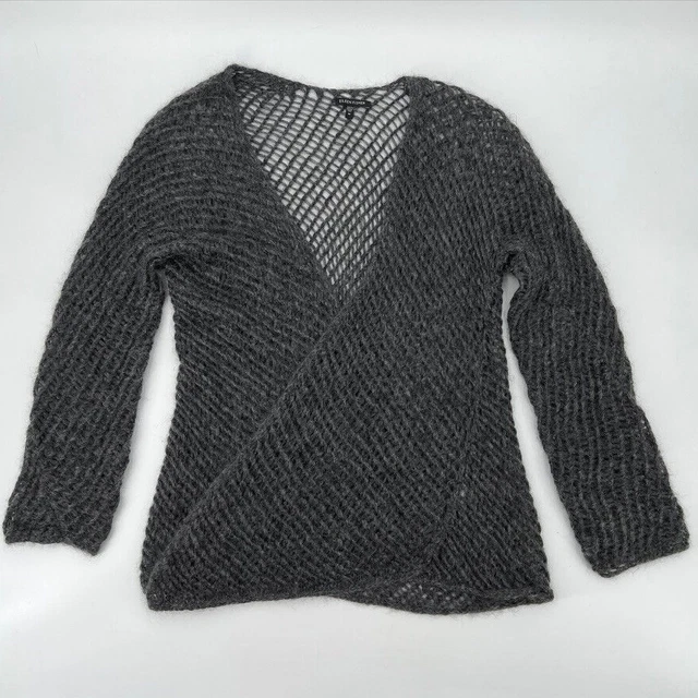 Eileen Fisher Women's Open Front Cardigan Size M Gray Mohair Blend Fishnet Knit