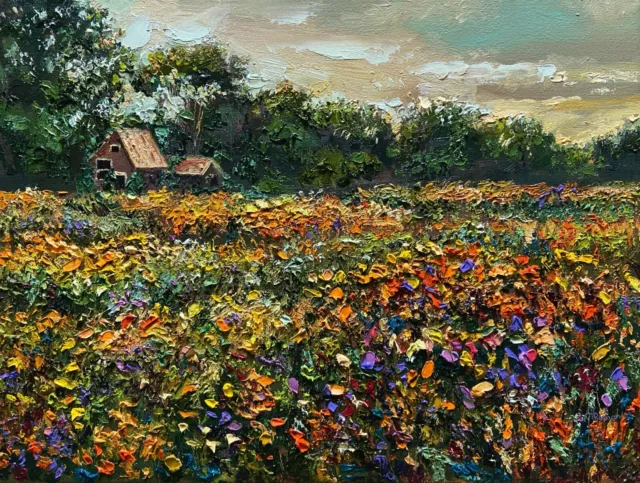 Oil painting ORIGINAL art Wildflower Forest house Sky landscape trees 12x16”