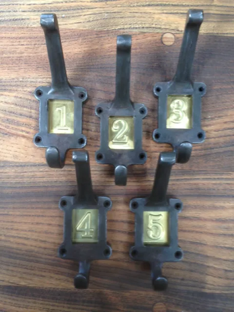 5 X Cast Iron School Coat Hooks With Brass Number Inserts ~ Vintage Style ~