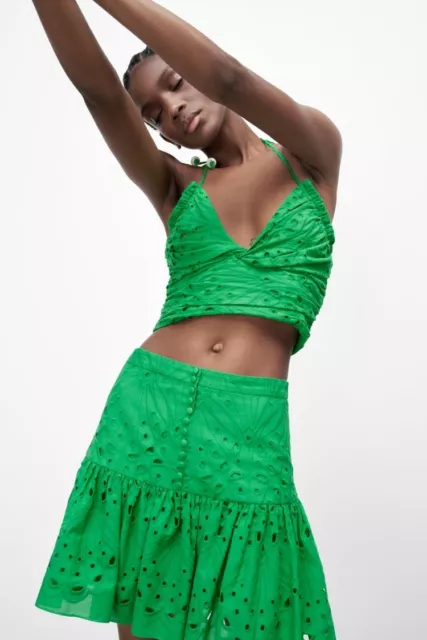 ZARA WOMAN GREEN Embroidered Ruffled Skirt Size M Bnwt 35.99