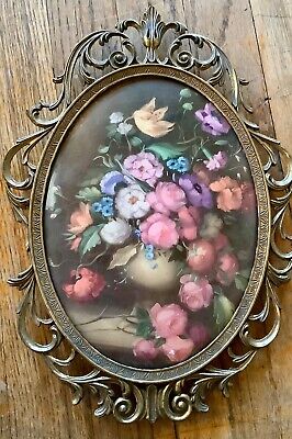 Vintage Oval Brass Frame Floral Picture in Convex Bubble Glass Made In Italy