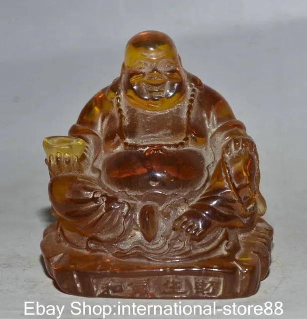 3.6" Old China Red Amber Carving Feng Shui Happy Laugh Maitreya Buddha Statue