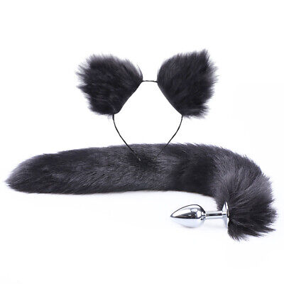 Plush Cat Ears Headband Fox Furry Tail Metal Plug Women/Men Insert Stopper Set