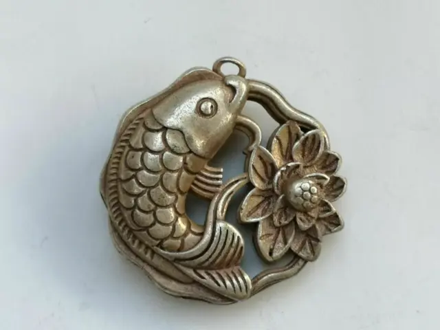 Collection Old China Tibet Silver Carving Fish Lotus Amulet Pendant Decoration