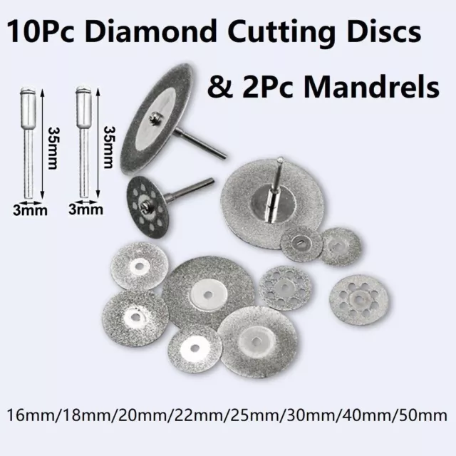 10X Diamond Cutting Wheel Discs 16mm-50mm + 2X Arbor Shaft for Rotary Tool