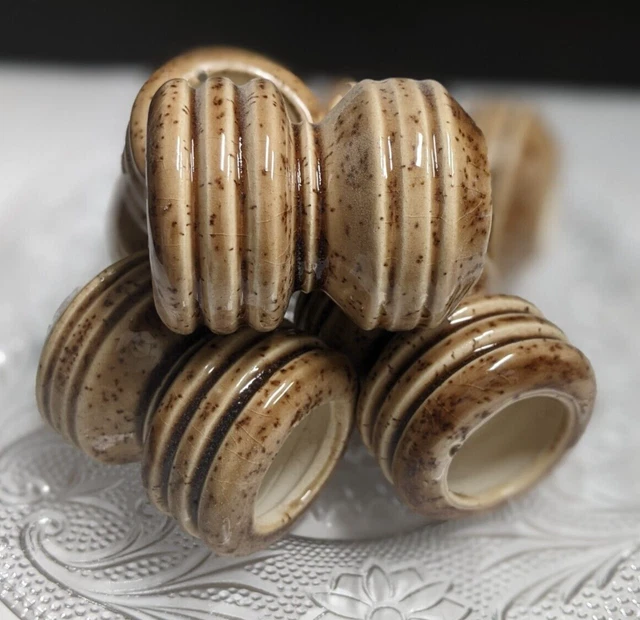 Vintage ceramic macrame beads brown drum shape 2"