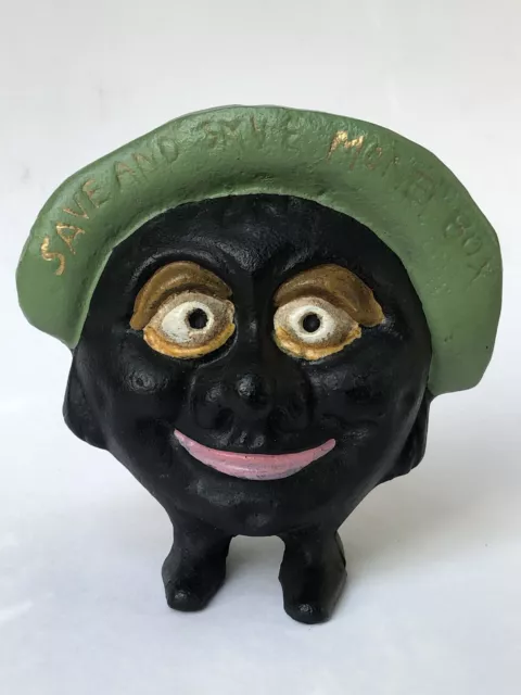 Superbe TIRELIRE FIGURINE CAST IRON PIGGY BANK SAVE AND SMILE MONEY BOX en FONTE