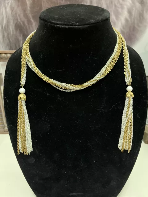 Vintage Tassel Lariat Necklace Chunky Two Tone Gold & White Metal