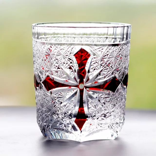 J43 Bohemian Style Crystal Glass Hand Cut to Clear Glass Kiriko Glass Red 9oz