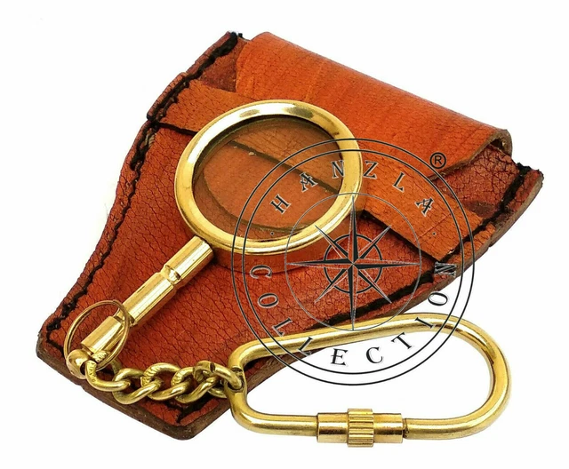 Brass Magnifier Key Chain Nautical Pocket Magnifying Glass With Leather Case