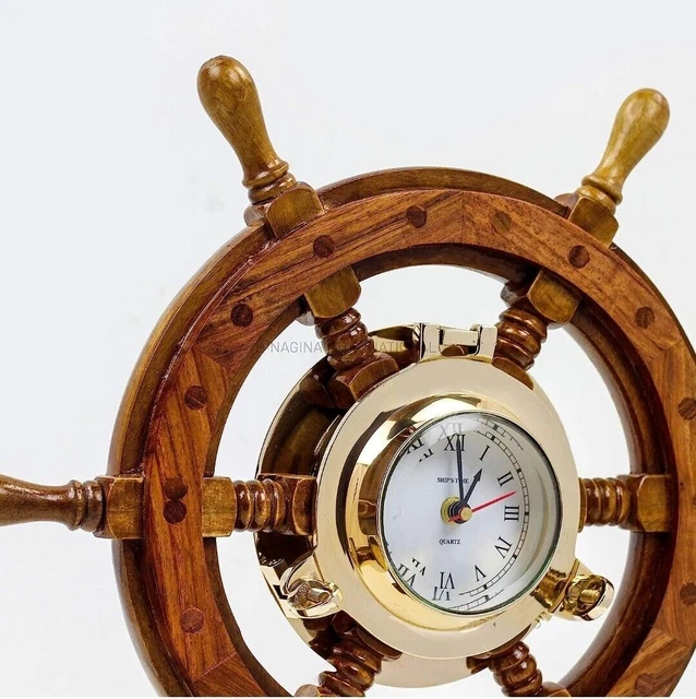 SHIP WHEEL CLOCK Maritime Teak Wood Nautical Vintage Hanging Steering ...