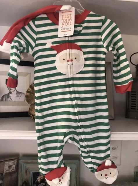 Carters Infant 3M Green & White Striped Santa Outfit Christmas Long Sleeve w/Hat