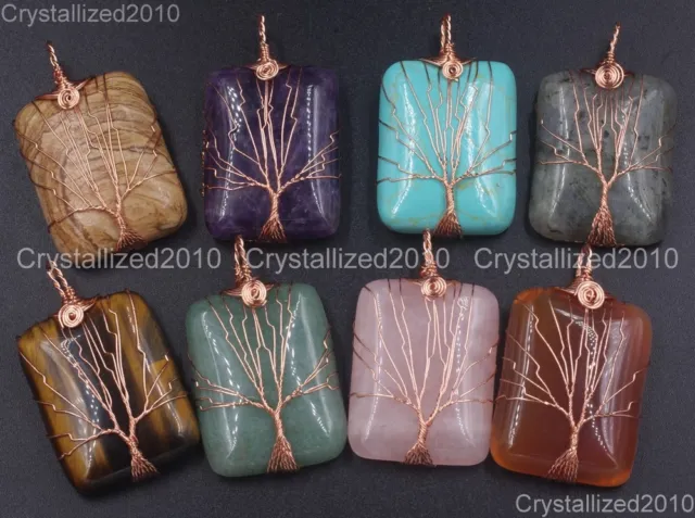 Natural Gemstones Tree Life Rectangle Reiki Healing Pendant Beads Rose Gold 18K