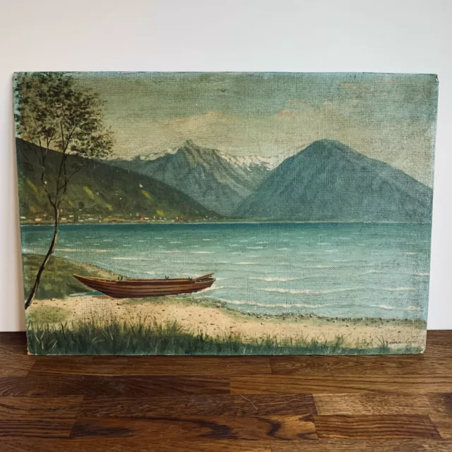 Original Oil On Canvas Board Landscape Lake Scene And Boat Painting - Signed