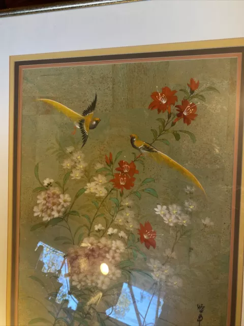 LARGE CHINESE ORIGINAL WATERCOLOR BIRDS And Flowers SIGNED Matted /Framed 2
