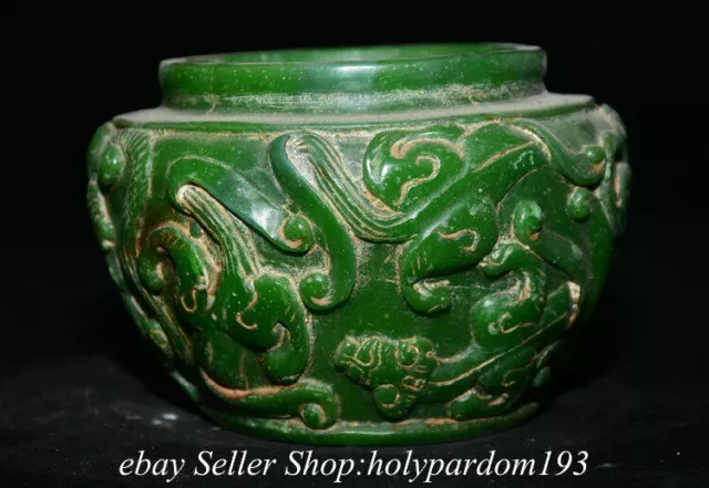 4.8" Old Chinese Green Jade Carved Dynasty Pi Xiu Dragon Beast Jar Pot T