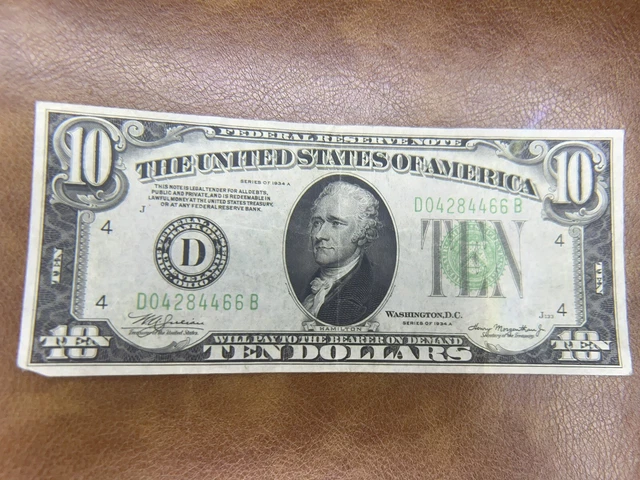 1934 A $10 Federal Reserve Note * D * Cleveland * Green Seal! * Very Fine
