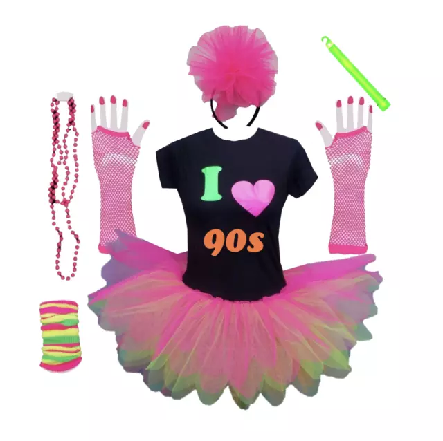 I Love 90s Neon Tutu Skirt 90's Fancy Dress Tshirt Set Hen Party Music Festival