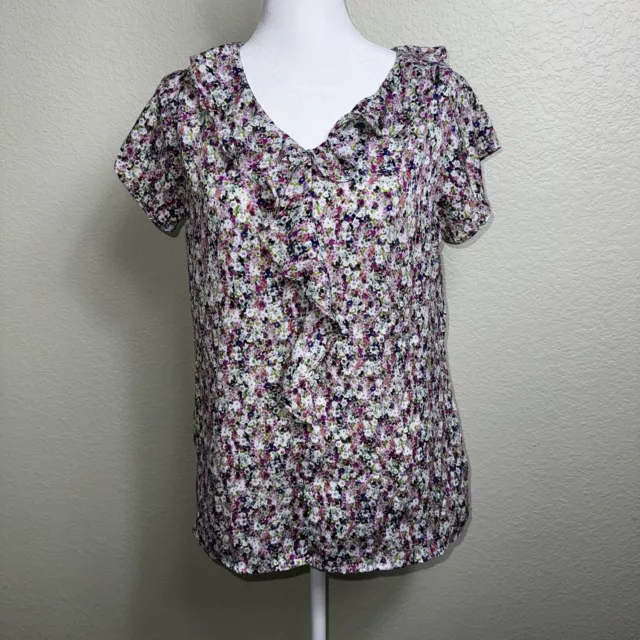 Liz Claiborne Women's Blouse Pink Floral Size M Button Up Ruffle Short Sleeve