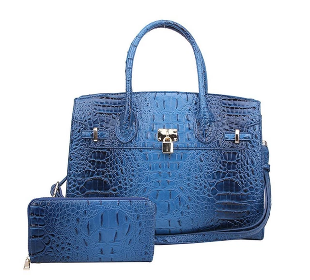 Blue Crocodile Print Lock Style Luxury Satchel Handbag and Wallet Set