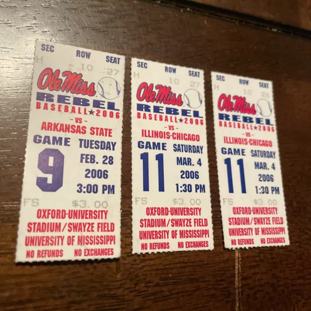2006 Ole Miss Rebels Baseball Ticket Stubs VS Arkansas State & ILL-Chicago￼