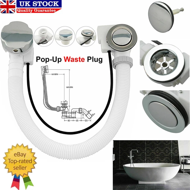OVERFLOW POP UP Waste Plug Concealed Bath Plastic Pipe Twist Chrome