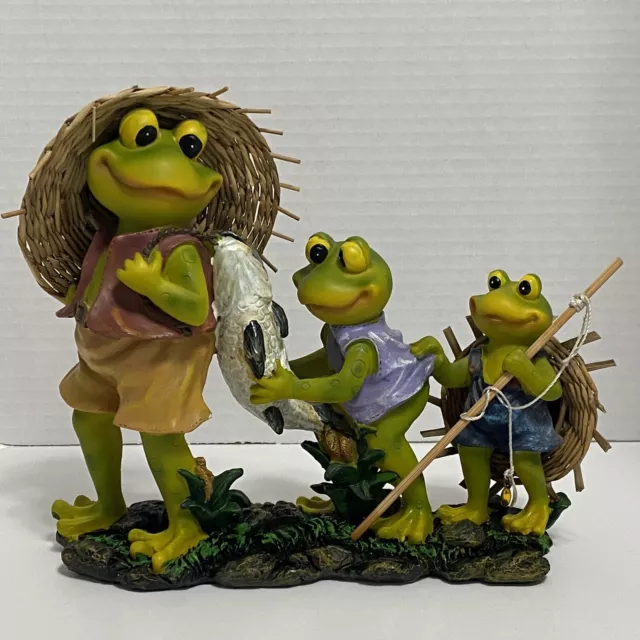 FROG FIGURINE FISHING With Fishing Pole Fish on End Bucket 6 in