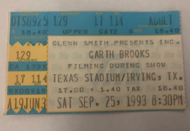 Garth Brooks World Tour Ticket 1993 Texas Stadium Filmed First Arena Flying