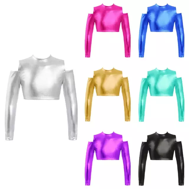 Girls Shiny Metallic Crop Top Long Sleeve Dance Shirts for Jazz Hip Hop Dancing