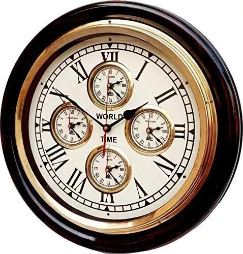 World Time Clock 16" Wooden Brass Antique Style Wall Clock Home & Office Decor.