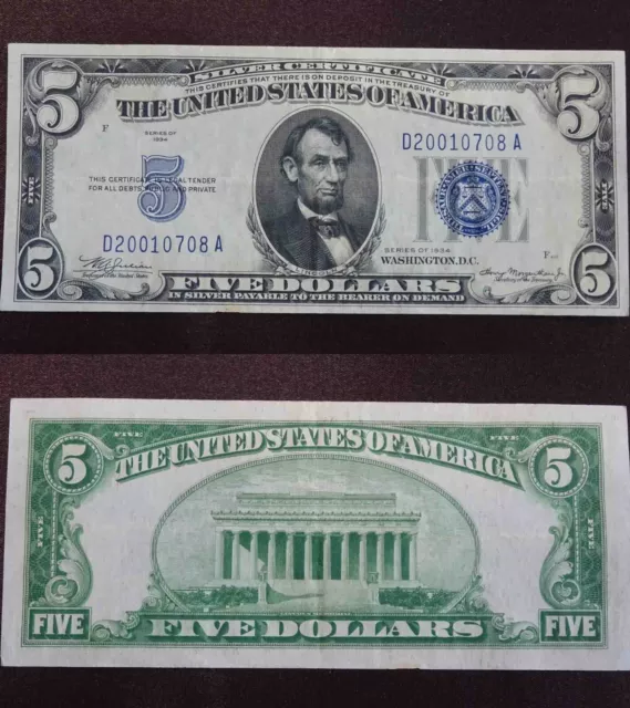 1934 $5 Five Dollar Silver Certificate Blue Seal Note Serial #D20010708A