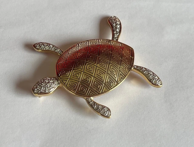 Broche Tortue Vintage Années 70 - Métal Doré, Oxydes Et Pâte De Verre, Bijou Animalier