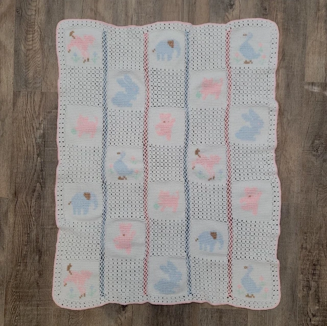 Manta de ganchillo para bebé hecha a mano punto de cruz animales 34x43 vuelta azul rosa