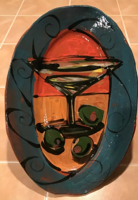 TERRA COTTA hand painted plate, glazed, Martini glass, olives