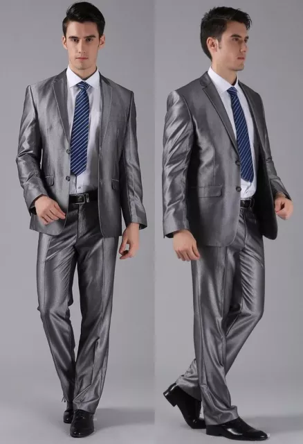 Herren Anzug Sakko Hose Hochzeit Smoking Business Silbern Bräutigam Hochzeit 3