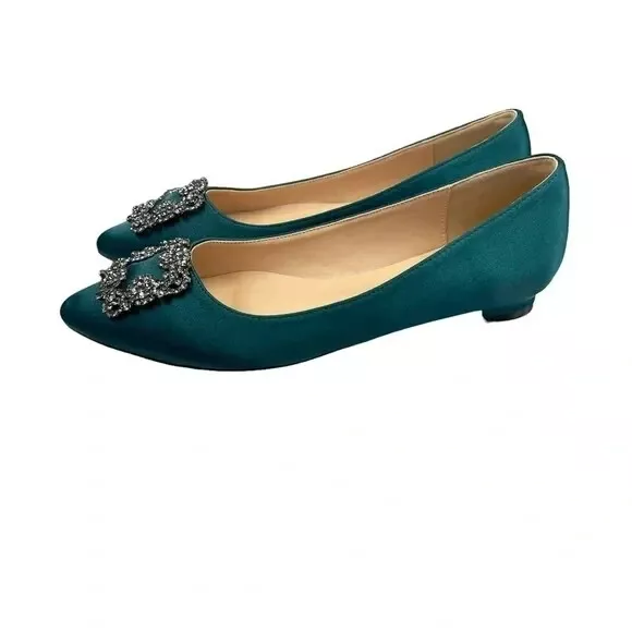 Manolo Blahnik Crystal Embellished Hangisi Silky Satin Green Classic Flat