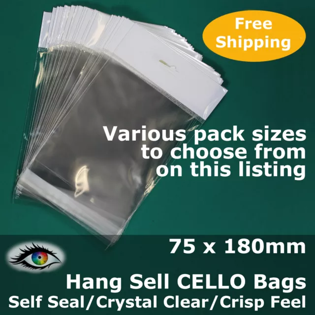 Hang Sell Crystal Clear 75x180mm CELLO PP Cellophane Bags Adhesive Lip #PH75180