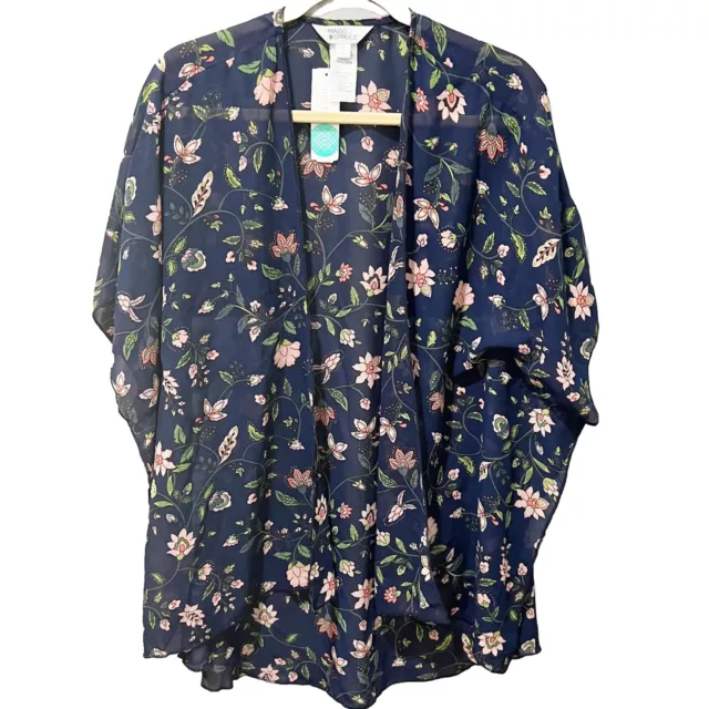 Market & Spruce Womens Blue Floral Kimono Duster Chiffon Woven S Open Sheer